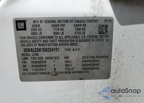 2016 Chevrolet Equinox Lt from USA, damaged, VIN 2GNALCEK1G6234101